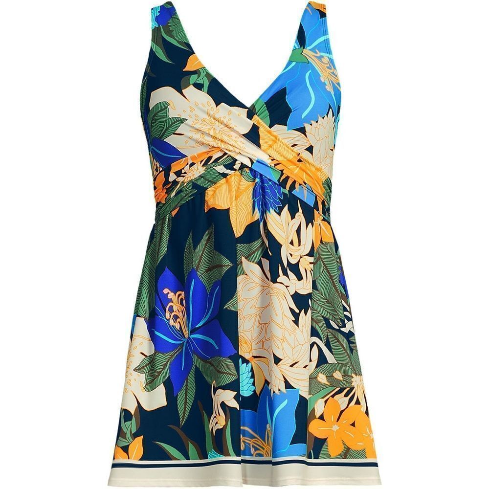 Land's End Slender Suit Wrap Dress soft cup Navy  floral Blooms Border size Var - Picture 6 of 9